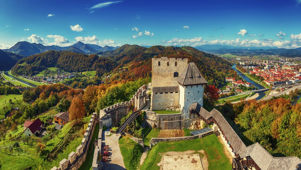 Celje Castle above the city of Celje with surrounding hills