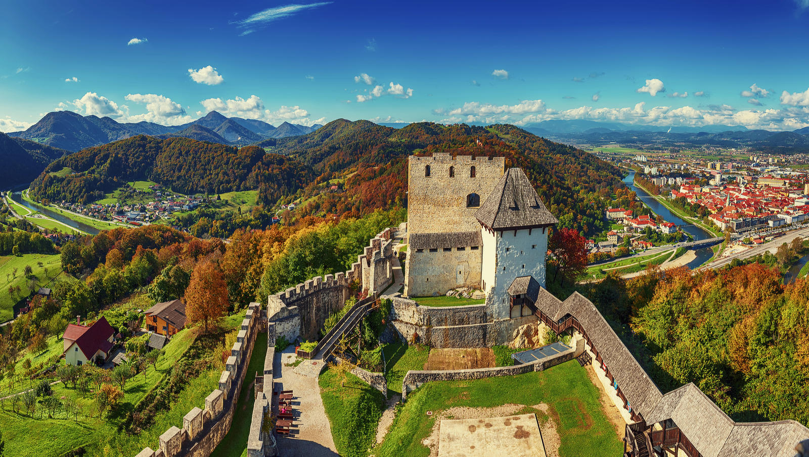Celje Castle above the city of Celje with surrounding hills